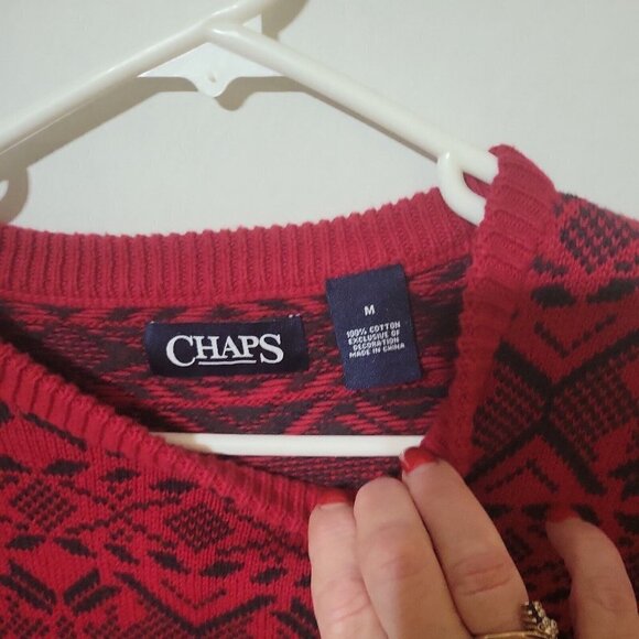 Chaps Red Black Geometric Knit Sweater Mens Medium Fair Isle Pattern Oversized - Picture 3 of 5